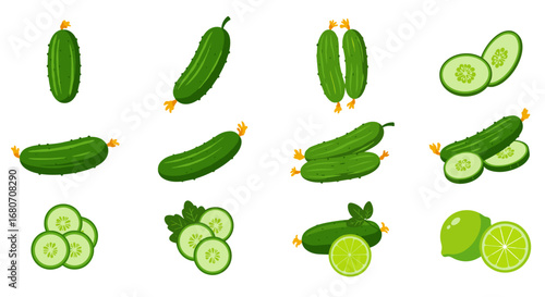 Fresh cucumber and lime set in flat design featuring sliced and whole variations