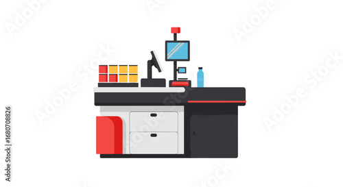 Modern checkout counter with digital display and storage units