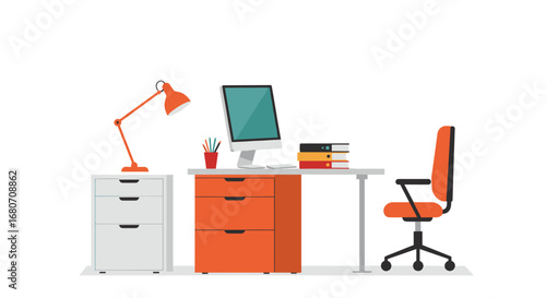 Modern office desk setup with computer, chair, and lamp in minimalist style