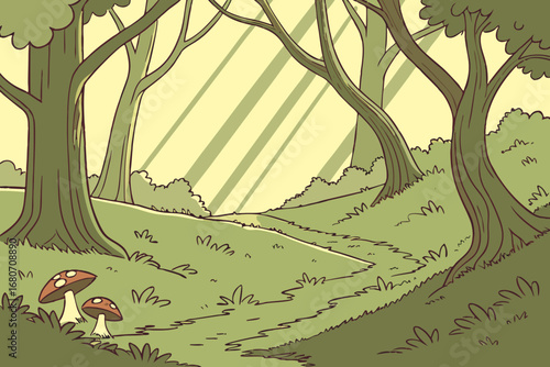 Beautiful sunny forest cartoon, fairytale thicket with sun rays, mushrooms, path, and green meadow