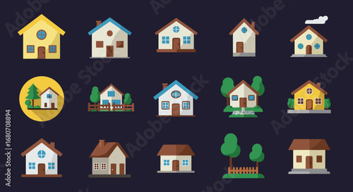 Set of diverse cartoon houses on dark background with minimalist design