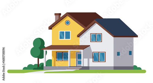 Modern suburban house with trees and porch on white background