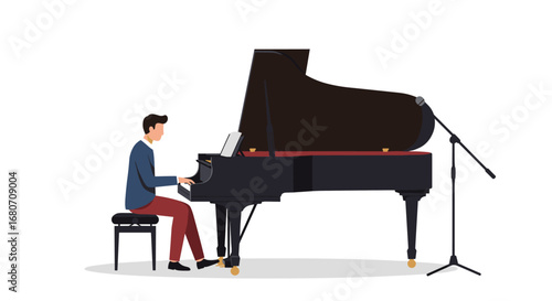 Pianist performing at grand piano in minimalist style