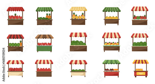 Colorful market stalls with various fruits and striped canopies in flat design