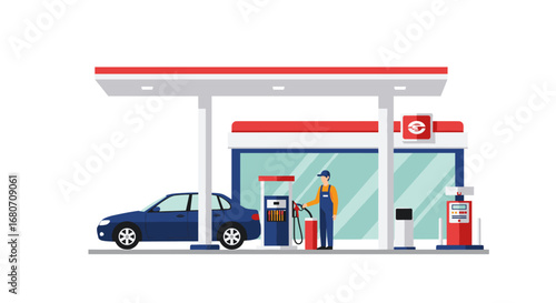 Gas station with attendant and car in flat design