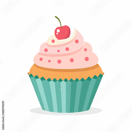 A pink birthday cupcake with a red cherry on top, isolated on a white background