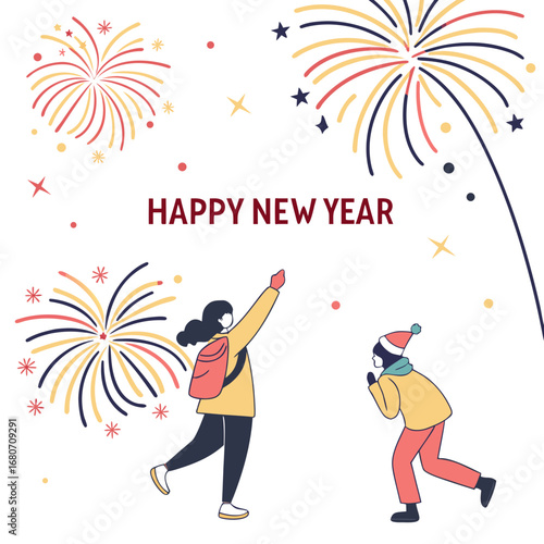People watching fireworks celebrating new year with happy new year text in the middle of the image created with generated ai