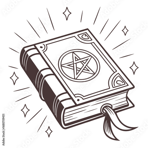 Illustration of a spellbook with a pentagram symbol and a ribbon bookmark surrounded by stars and lines created with generated ai