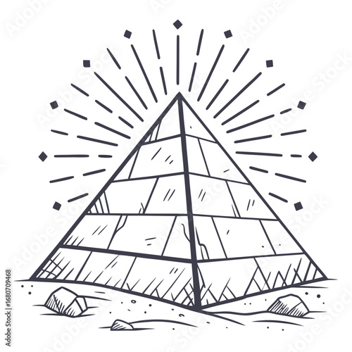 Hand drawn pyramid with radiating lines and a sandy base in a black and white illustration created with generated ai