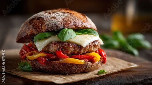 Gourmet burger with melted cheese, roasted bell peppers and fresh basil on rustic artisan bread – Italian style hamburger close-up on wooden background