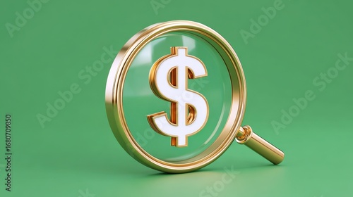 Magnifying glass dollar sign gold finance green background 3D illustration wealth investment economic analysis prosperity business concept
