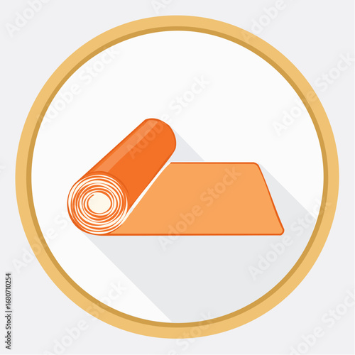 Vector illustration of an orange rolled yoga mat inside a circular frame, representing fitness, exercise, stretching, meditation, and healthy lifestyle equipment in flat design.