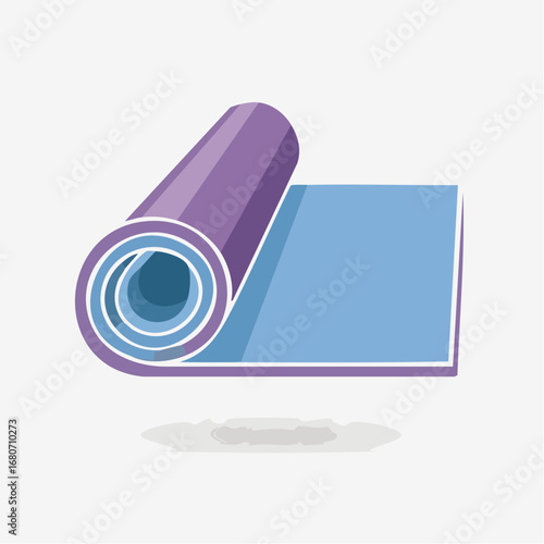 Vector illustration of a rolled yoga mat in blue and purple, symbolizing fitness, exercise, meditation, and healthy lifestyle equipment in a flat minimal style.