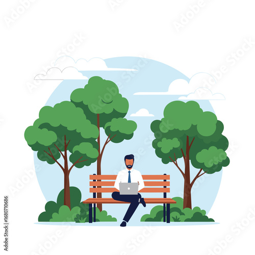 Focused businessman working remotely on laptop while sitting on park bench enjoying nature