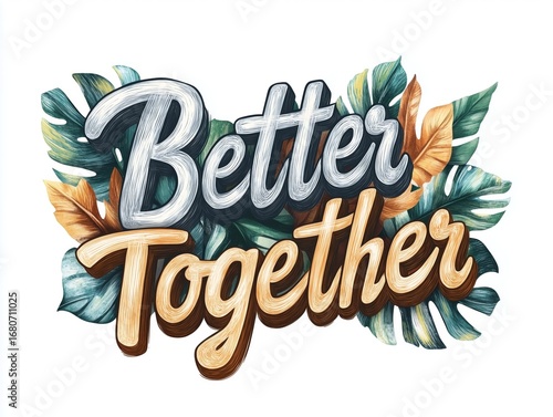 The artwork showcases the uplifting phrase Better Together in playful lettering, entwined with vibrant tropical leaves, creating a joyful and inviting atmosphere that inspires togetherness