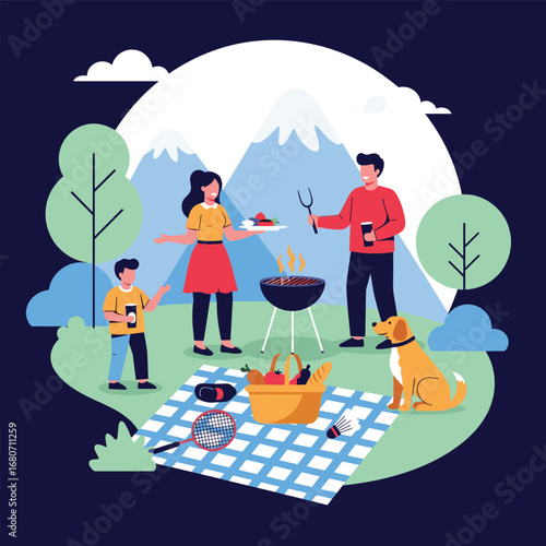 Joyful family picnic with BBQ and dog, creating cherished outdoor memories, vibrant summer day