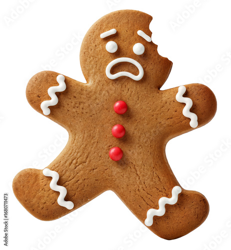 a funny gingerbread man with a scared face and a bite taken out of his head