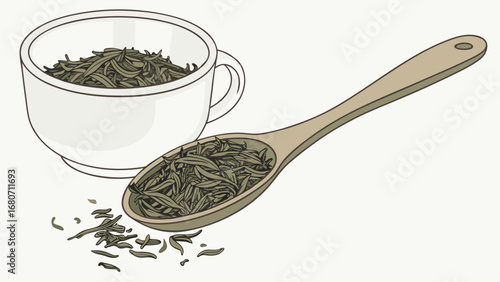 Loose Leaf Green Tea Preparation: Dry Tea Leaves in White Cup and Wooden Spoon Illustration on White Background