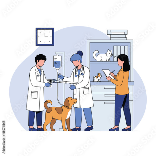 Veterinarians diligently provide care for sick dog receiving IV drip, owner observes