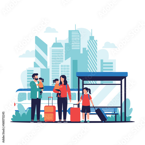 Joyful family waits for transport with luggage at city bus stop, embracing urban travel adventures together