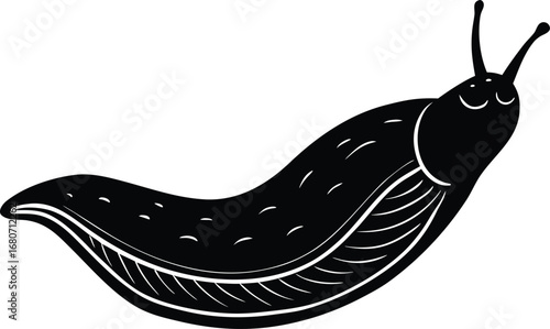 Black and White Slug Illustration with Smiling Face and Antennae on white background