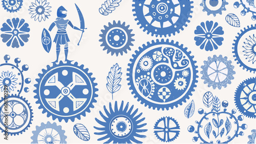 Illustration featuring a warrior with shield and sword standing on gears surrounded by floral elements silhouette
