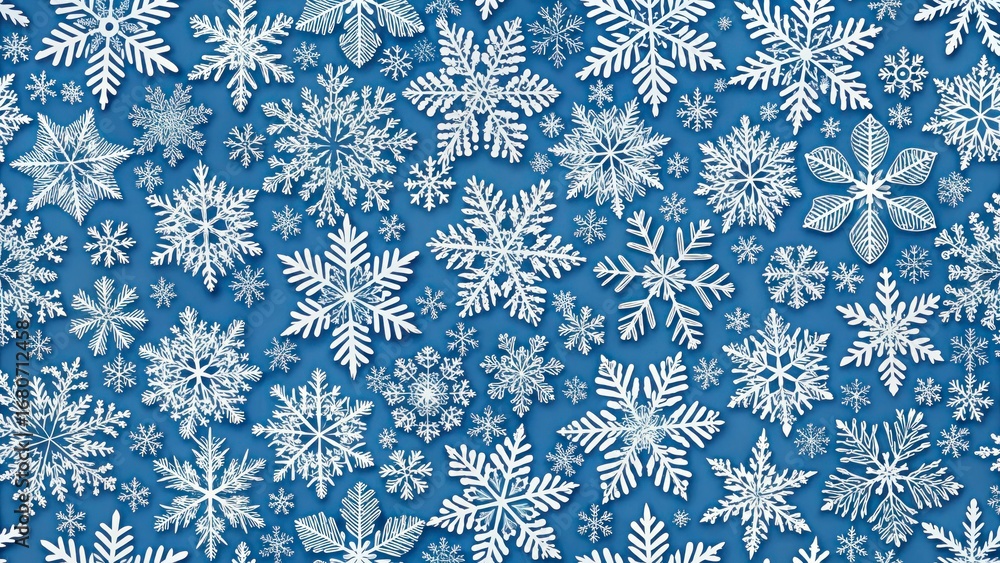 White snowflake seamless pattern on blue background