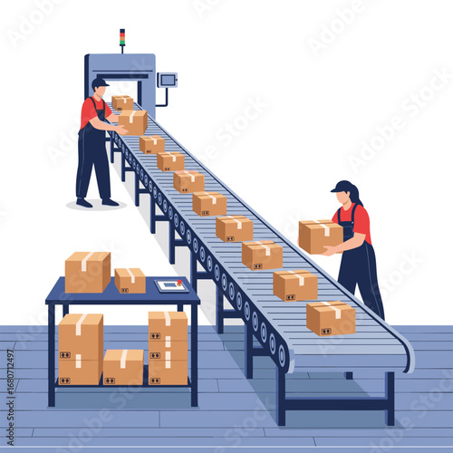 Efficient logistics team processing orders on modern automated conveyor belt system in warehouse