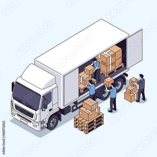 Workers efficiently loading boxes onto a delivery truck for distribution and logistics