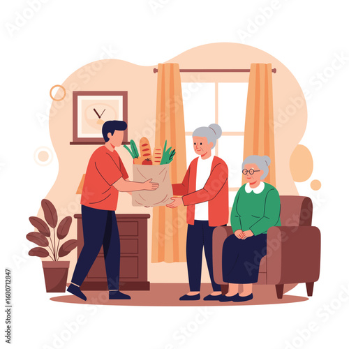 Caring young man delivers groceries to elderly women, showing kindness and community support at home