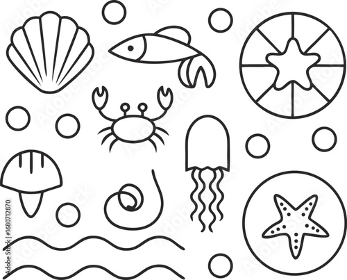 Various sea creatures, including fish, jellyfish, starfish, crab, and shells, swimming in the ocean, a vibrant underwater world