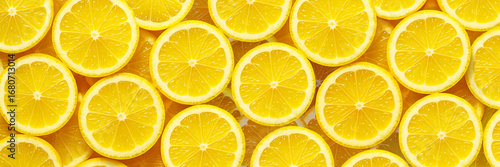 A vibrant full frame background of fresh lemon slices with juicy texture, a bright and refreshing high resolution citrus image.