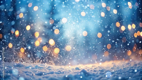 Winter snow falling background with bokeh lights