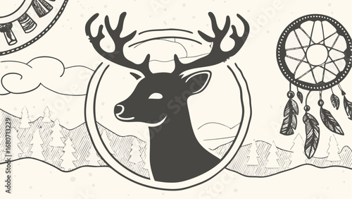 Illustration of a deer head inside a circle with mountains, trees, dream catcher and sun symbol silhouette