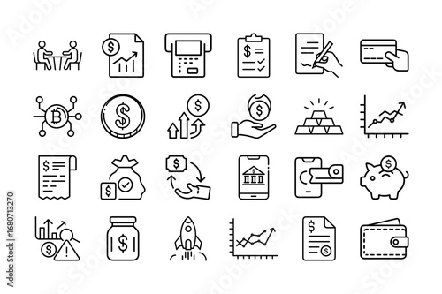 Finance And Business Vector Icon Sheet For Banking Investment Money Budget Growth Currency Economy  