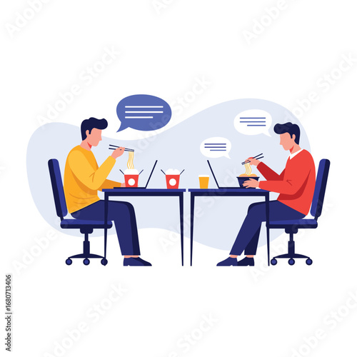 Modern coworkers enjoy lunch breaks together, sharing ideas over noodles and laptops