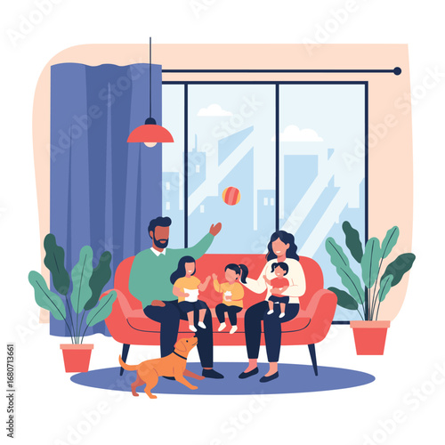 Joyful family bonding at home with kids and dog, creating cherished memories in a bright, modern living space