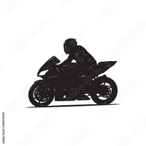 Silhouette of a motorcyclist leaning into a turn on a powerful sports bike.