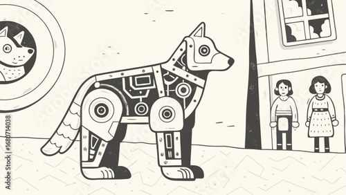 Illustration of a robotic dog standing in front of two girls and a dog in a porthole window silhouette
