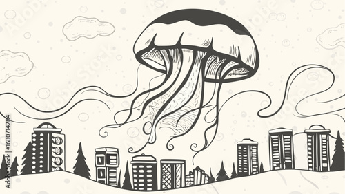 Hand drawn illustration of a giant jellyfish floating above a city with clouds in the background art silhouette