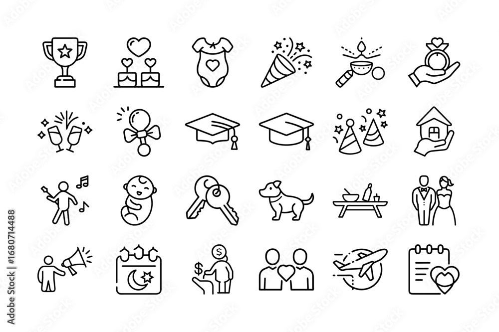 Fototapeta premium Celebrations And Life Milestones Vector Icon Sheet For Parties Events Wedding Birthday Graduation Holidays