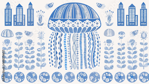 Stylized blue jellyfish with buildings flowers and circular patterns in a whimsical arrangement art silhouette