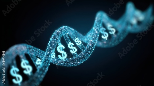 DNA strand dollar sign investment finance technology glowing blue futuristic digital science concept wealth prosperity innovation abstract