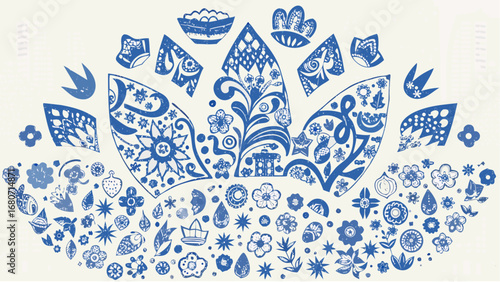 Intricate blue floral and decorative elements arranged in a semi circular crown like design style art silhouette