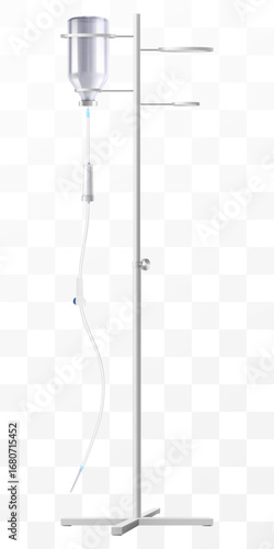 Hospital IV Stand with Drug Vials – Medical Infusion Pole with Hooks, isolated. Dropper Stand with Glass Medical Bottle. Laboratory equipment for blood transfusion. Realistic 3d Vector Illustration