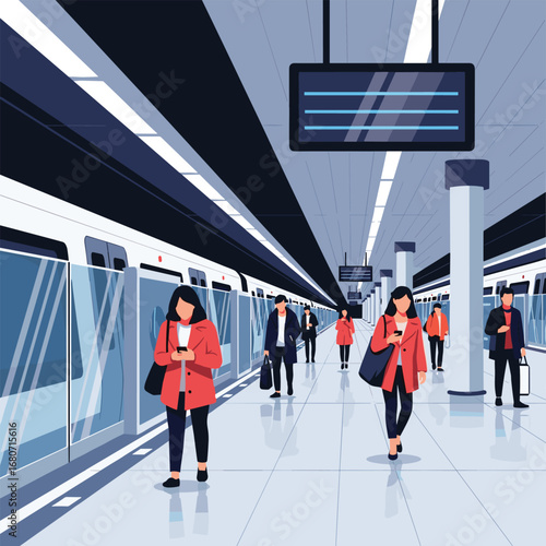 Modern commuters navigate bustling subway station, anticipating travel and urban journeys