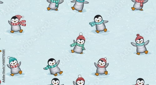 Cute Cartoon Penguins in Winter Hats and Scarves.