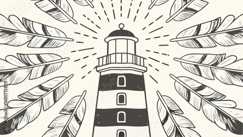 Illustration of a lighthouse with radiating lines surrounded by a pattern of feathers in black and white silhouette