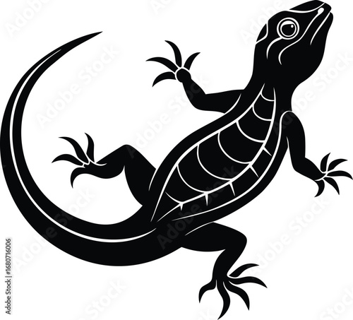 Black and white lizard illustration with detailed scales and curved tail on white background