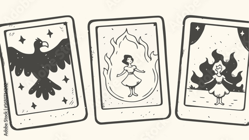 Three tarot cards depicting a bird with stars and two women surrounded by flames in monochrome style silhouette